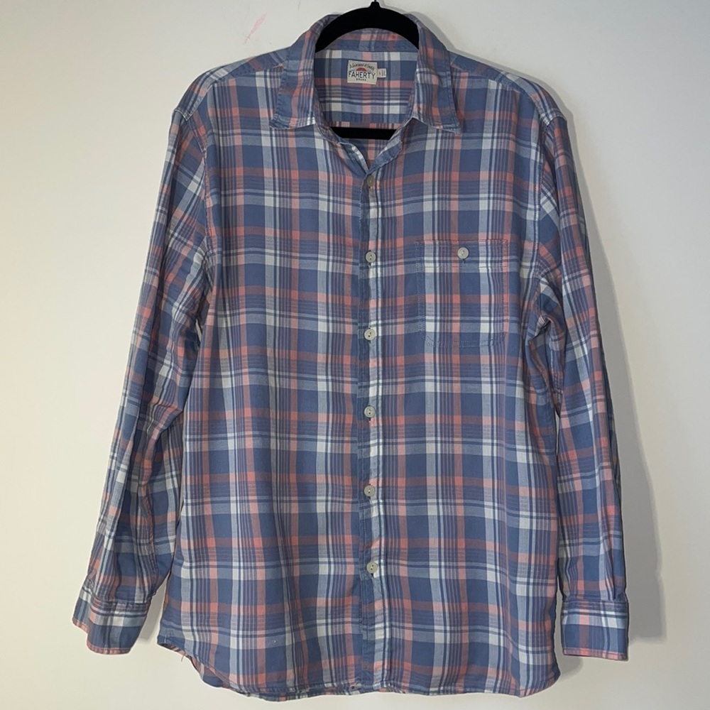 FAHERTY Organic Cotton Plaid Button Up Shirt size large men’s pink blue slim